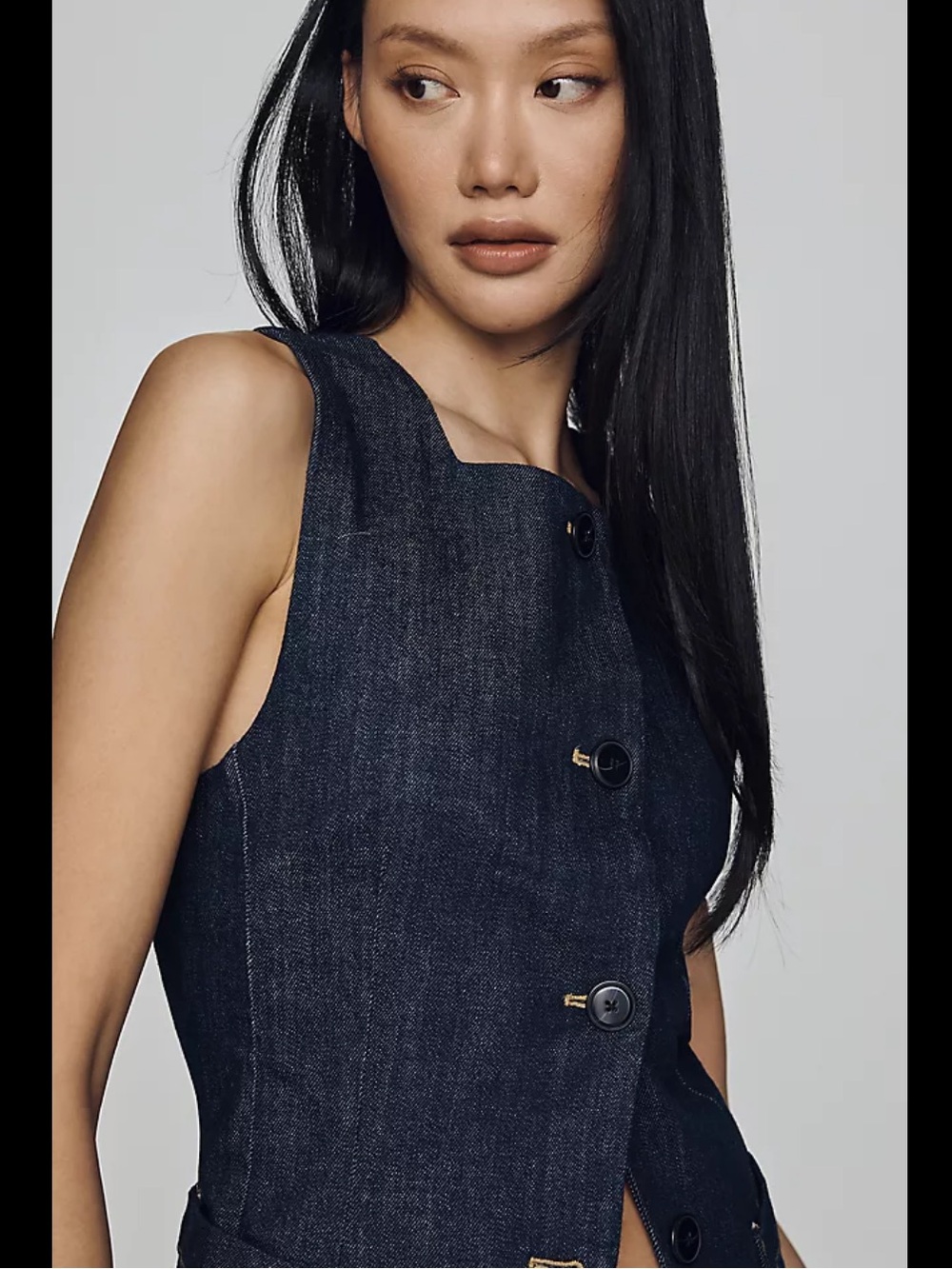 Maeve Vest - dark blue “Square-Neck Cutaway Denim Vest”